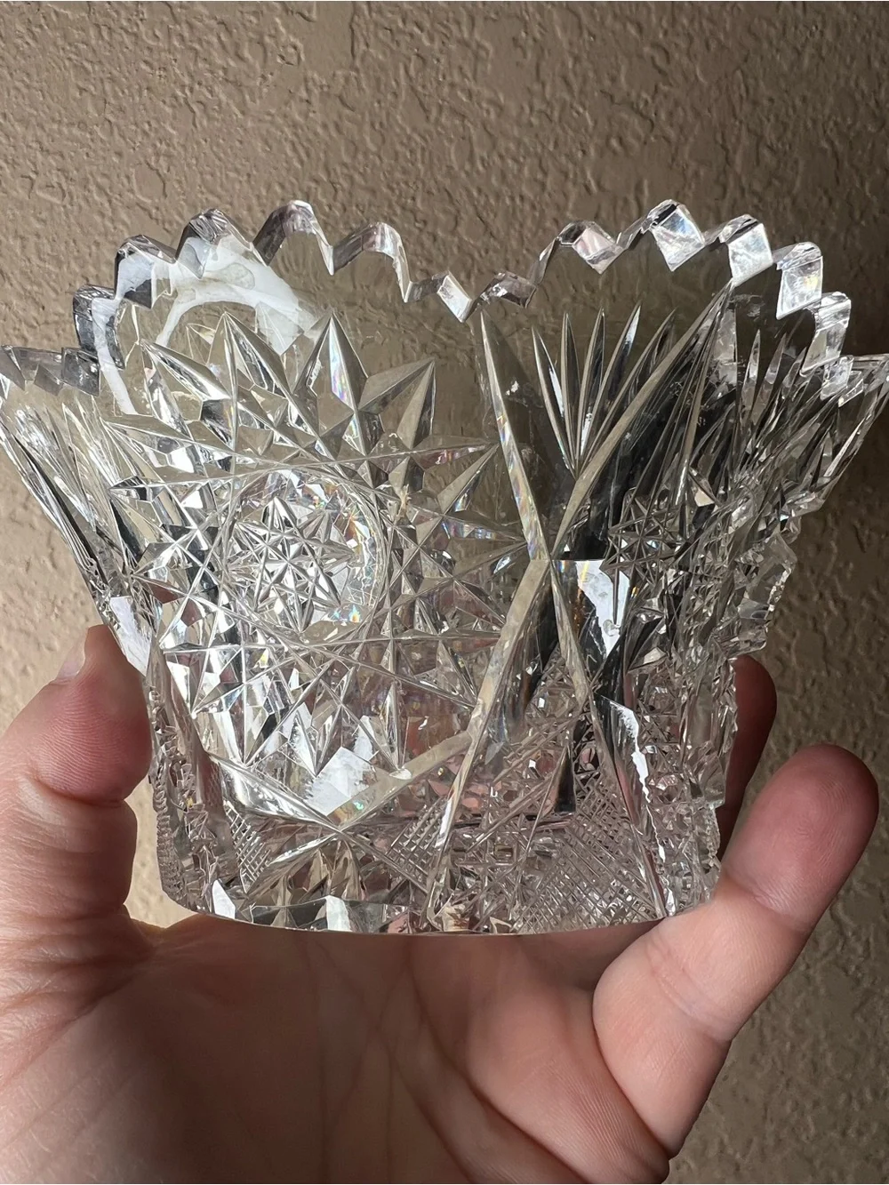 Vintage American Brilliant Style Cut Crystal Bowl, Deep Cut Glass Starburst Bowl